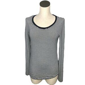 Tahari T Shirt Navy Blue White Pullover Womens Small Petite Stretch Long Sleeves